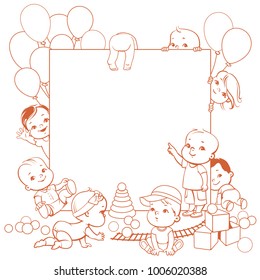 Cute little babies with toys near blank text frame. Happy children play, stand, sit, crawl, sleep, waving hand. Boys and girls Monochrome  vector illustration.