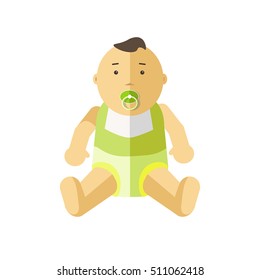 Cute little baby 0-12 months. Child with pacifier. Cartoon character of toddler, infant, kid. Flat style. Vector illustration isolated on white background.