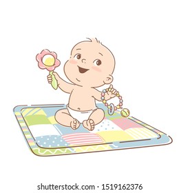 Cute little baby of 6-12 months, in diaper, sit on development mat with toys. Cute smiling toddler play toys, learn colors. Happy kid.  First year activity. Color vector illustration.