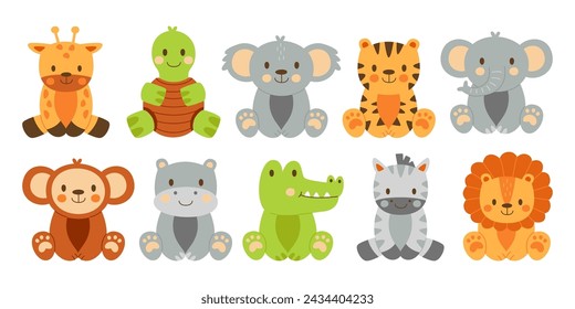 Cute little baby african animals cartoon characters in row isolated set on white background. Giraffe, turtle, koala, tiger, elephant, monkey, hippopotamus, crocodile, zebra, lion vector illustration