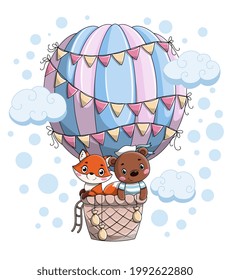 Cute little baby animals bear and fox hot air ballooning among the clouds. Flat cartoon vector illustration