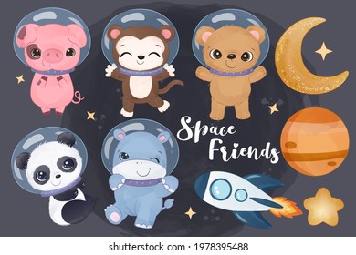Cute little baby animals set in astronaut helmet in watercolor illustration