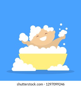 Cute little baby bathing. Child in soap foam. Happy adorable kid washing. Flat vector illustration