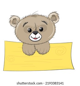 Cute little baby bear boy on empty banner ,  vector cartoon style character. Happy baby bear, Perfect illustration for t-shirt wear fashion print design, greeting card, baby shower, party invitation