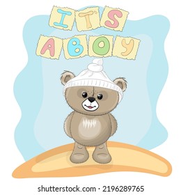 Cute little baby bear boy, hand drawn vector cartoon style character. Happy baby bear, Perfect illustration for t-shirt wear fashion print design, greeting card, baby shower, party invitation