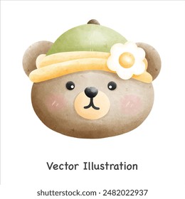 Cute little baby bear face, Cute bear with flower hat, Bear Head, Bear Face, Vector Illustration