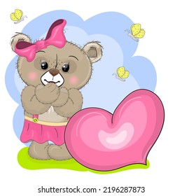 Cute little baby bear girl, hand drawn vector cartoon style character. Happy baby bear, Perfect illustration for t-shirt wear fashion print design, greeting card, baby shower, party invitation