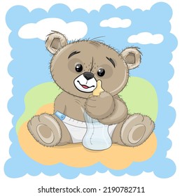 Cute little baby bear, hand drawn vector cartoon style character. Happy bear, Perfect illustration for t-shirt wear fashion print design, greeting card, baby shower, party invitation