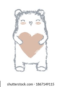 Cute Little Baby Bear Holding Big Gold Heart. Sweet Nursery Art with Lovely Fluffy Bear. Simple Hand Drawn Vector Illustration ideal for Wall Art, Poster, Card, Valentine's Day Decoration.