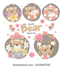 Cute little baby bear is sleeping elements.