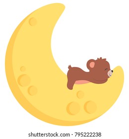 Cute Little Baby Bear Sleeping on Moon Kawaii Style Flat Vector Illustration Isolated on White