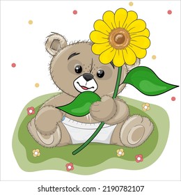 Cute little baby bear with sunflowers, hand drawn vector cartoon style character. Happy bear, Perfect illustration for t-shirt wear fashion print design, greeting card, baby shower, party invitation