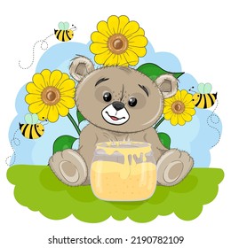 Cute little baby bear with sunflowers, hand drawn vector cartoon style character. Happy bear, Perfect illustration for t-shirt wear fashion print design, greeting card, baby shower, party invitation