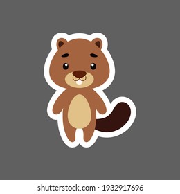 Cute little baby beaver sticker. Cartoon animal character for kids cards, baby shower, birthday invitation, house interior. Bright colored childish vector illustration in cartoon style.