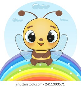 Ilustración vectorial de la abeja de bebé. Personaje de dibujos animados de abeja bebé feliz. Ilustración perfecta para el diseño de la moda de las camisetas, tarjetas, ducha de bebé, invitación para fiestas y mucho más