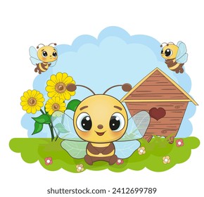 Cute little baby bee vector illustration. Happy baby bee cartoon style character. Perfect illustration for t-shirt wear fashion print design, cards, baby shower, party invitation and much more