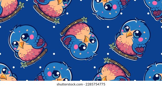 cute little baby bird catoon seamless pattern, animal nature concept isolated flat, comic line art, digital artwork for prints professional file quality.