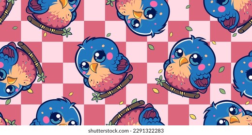 cute little baby bird catoon on checkered plaid seamless pattern, animal nature concept isolated flat, comic line art, digital artwork for prints professional file quality.