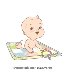 Cute Little Baby Boy Of 3-12 Months, In Diaper, Lies On Development Mat With Toys. Cute Smiling Toddler Play Toys, Learn Colors. Happy Kid. Tummy Time. First Year Activity. Color Vector Illustration.