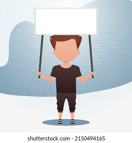 Cute little baby boy with a blank banner. Place for your logo, text or design. Vector illustration in cartoon style.