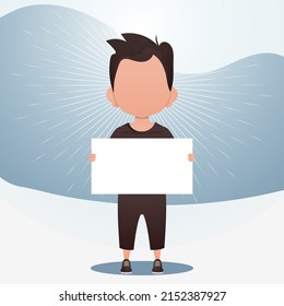 Cute little baby boy with a blank banner. Place for your logo, text or design. Cartoon style. Vector illustration.