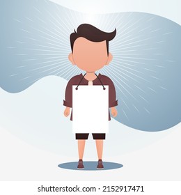 Cute little baby boy with a blank banner. Place for your logo, text or design. Vector illustration in cartoon style.