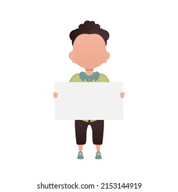Cute little baby boy with a blank banner. Isolated on white background. Cartoon style. Vector illustration.