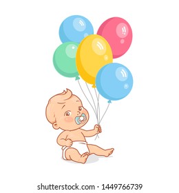 Cute little baby boy with bunch of hot air balloons in hand. Baby in diaper holding bright balloon. Color vector illustration.