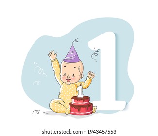 Cute Little Baby Boy Celebrating His First Birthday. Vector illustration