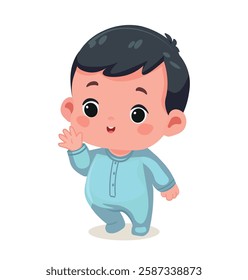 cute little baby boy character say hello kid happy smile greet and waving hand	
