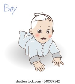 Cute little baby boy.  Crawling baby boy in the blue overall.