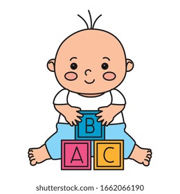 cute little baby boy with cubes toy vector illustration design