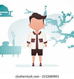 A cute little baby boy is depicted in full growth. Poster with a child. Cartoon style. Vector illustration.