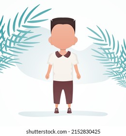 A cute little baby boy is depicted in full growth. Poster with a child. Cartoon style. Vector illustration.