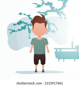 A cute little baby boy is depicted in full growth. Banner with a child. Cartoon style. Vector illustration.