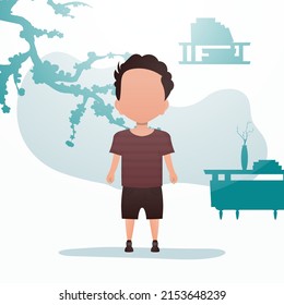 A cute little baby boy is depicted in full growth. Banner with a child. Vector illustration in cartoon style.
