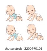 Cute little baby boy in diaper. Active baby of 3-12 months. First year baby development. Newborn crawling and smiling. Happy healthy baby Caucasian ethnic. Color vector illustration set.
