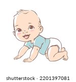 Cute little baby boy in diaper. Active baby of 3-12 months. First year baby development. Newborn crawling and smiling. Happy healthy baby Caucasian ethnic. Color vector illustration set.