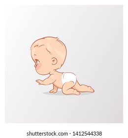 Cute little baby boy in diaper. Active baby of age from 6 months to year learn to crawl, walk. Childhood. First year of child. Healthy baby play.Vector illustration isolated on white background.