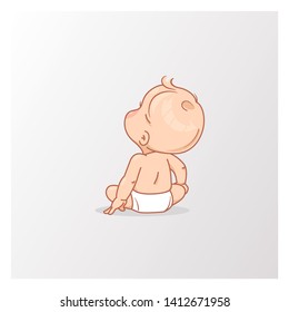 Cute little baby boy in diaper looking up  Active baby age from 6 months to year sitting  view from back   First year child  Healthy baby play Vector illustration isolated white background 