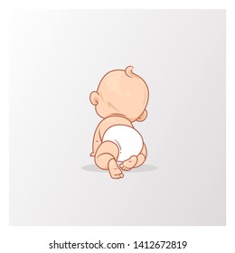 Cute little baby boy in diaper. Active baby of age from 6 months to year learn to crawl, walk. Kid's back. First year of child. Healthy baby play.Vector illustration isolated on white background.