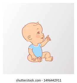 Cute little baby boy in diaper sitting, pointing with finger. Active curious baby of age from 3 months to year look up. Child wear blue bodysuit. Vector illustration.