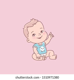 Cute little baby boy in diaper, blue t-shirt, start sitting. Active baby of age from 5 months to year sitting, pointing finger. First year of child. Curious baby boy. Color vector illustration.