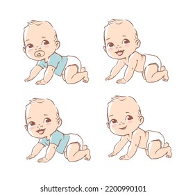 Cute little baby boy in diaper. Active baby of 3-12 months. First year baby development. Newborn crawling and smiling. Happy healthy baby Caucasian ethnic. Color vector illustration set.