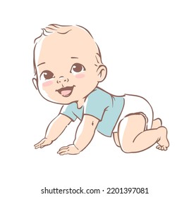 Cute little baby boy in diaper. Active baby of 3-12 months. First year baby development. Newborn crawling and smiling. Happy healthy baby Caucasian ethnic. Color vector illustration set.