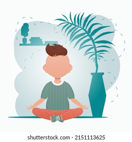 Cute little baby boy doing yoga in the room. Healthy life concept. Cartoon style. Vector illustration.