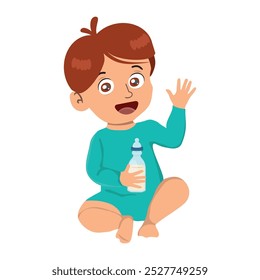 cute little baby boy drink milk from bottle, vector illustration.