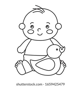 cute little baby boy with duck rubber vector illustration design