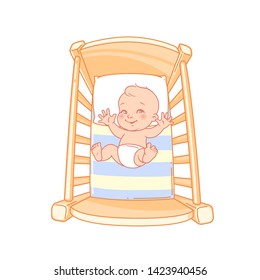 Cute little baby boy or girl  in crib. Kid lay in bed playing, no sleep . Baby in diaper. Healthy sleep at night. Sleeping time, wake hours. Baby sleep problems. Color vector illustration.