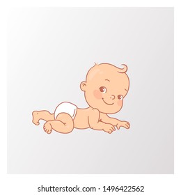 Cute Little Baby Boy Or Girl In Diaper Lying On His Stomach. Active Baby  From 3 Months To Year Learn To Crawl, Move On Tummy. Baby Massage. First Year Development Milestones. Vector Illustration.